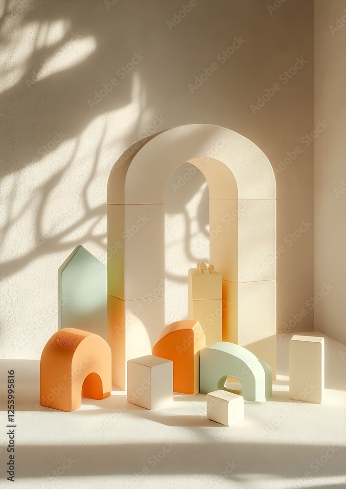 Poster colorful abstract play blocks arranged creatively in soft natural light : generative ai