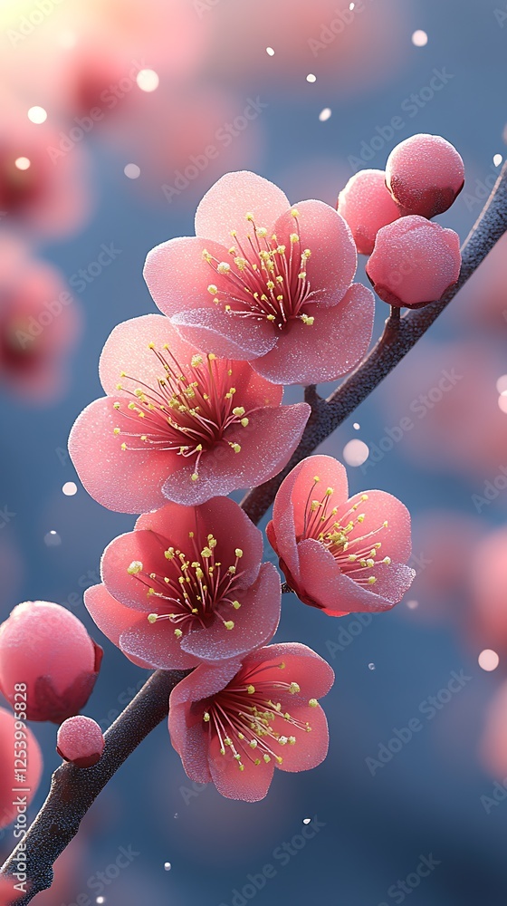 Poster beautiful blossom of pink cherry flowers with dew drops against a soft background in spring : genera