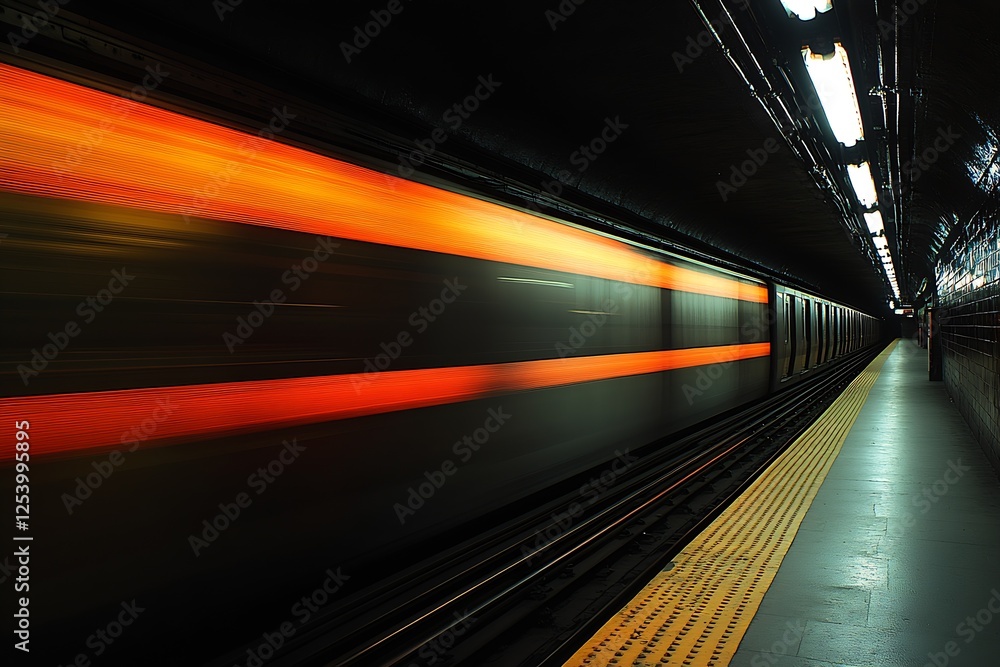 Aufkleber dynamic photo of a subway train racing past a station platform, capturing the essence of urban trans