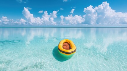 Obraz premium Yellow Inflatable Boat Floating in Calm Turquoise Water