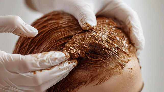 Hands in gloves applying natural henna color to short wavy curly hair of a woman with a brownish red hue in a bright setting. henna dyeing, hair coloring