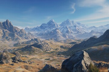 Majestic mountain range, autumn valley, clear sky, scenic landscape, travel poster