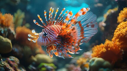 Vibrant Lionfish in a Colorful Coral Reef Habitat: A Detailed Underwater Scene