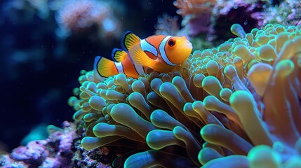 Fototapeta premium Vibrant Ocellaris Clownfish in Luminous Green Anemone in a Thriving Underwater Reef Ecosystem