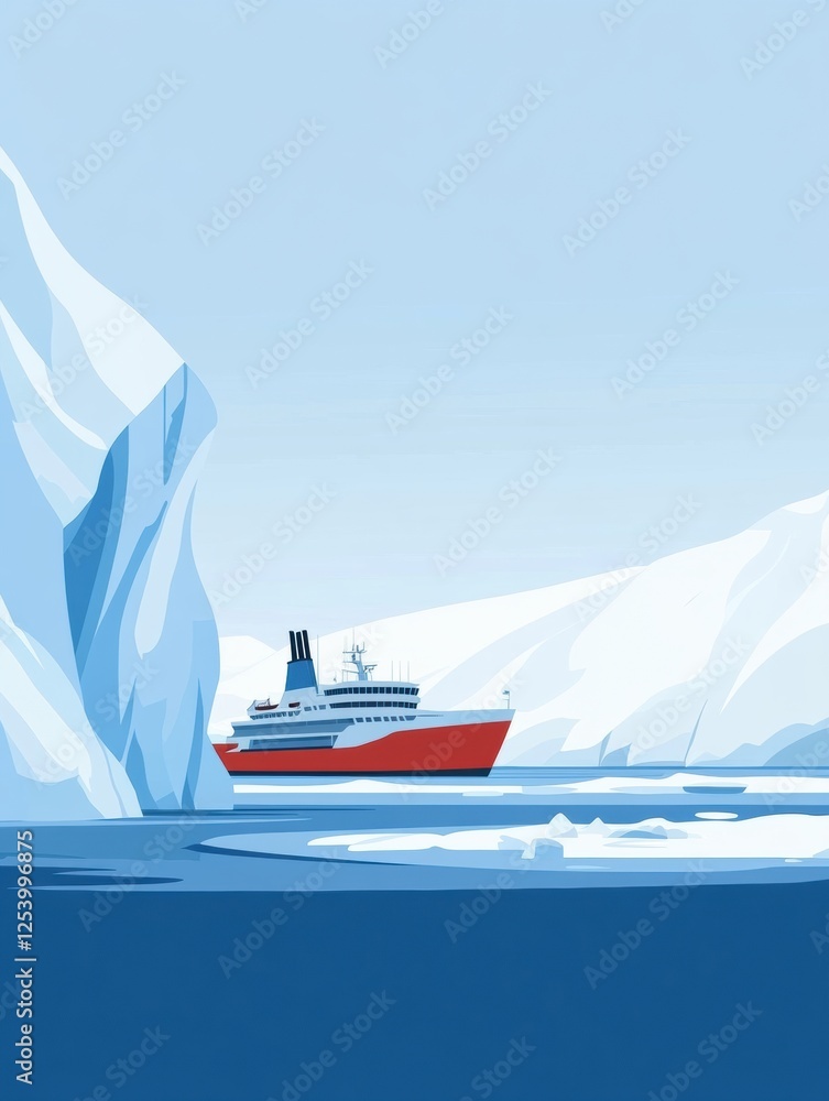 Aufkleber exploring icy waters with a ship navigating through glacial landscapes in a remote polar region. gen
