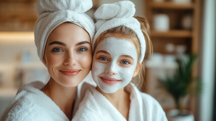 A day for mother and daughter in a spa salon, flyer, banner. Mother and daughter bond while enjoying a skincare routine at home in cozy white robes and towels