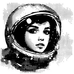 female astronaut portrait vector in halftone style, black and white retro sci-fi illustration © Luka