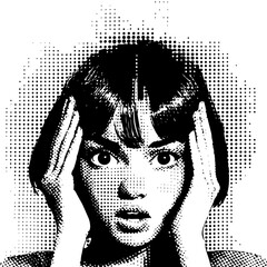 halftone vector of surprised woman with wide eyes and hands on face in retro pop art style