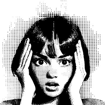 halftone vector of surprised woman with wide eyes and hands on face in retro pop art style