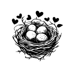 bird nest with hearts and eggs black and white vector