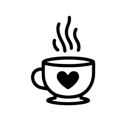 coffee cup vector icon with heart in black and white