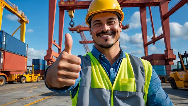 Smiling Dock Worker Giving Thumbs Up at a Shipping Port with Cargo Containers and Industrial Cranes in the Background

