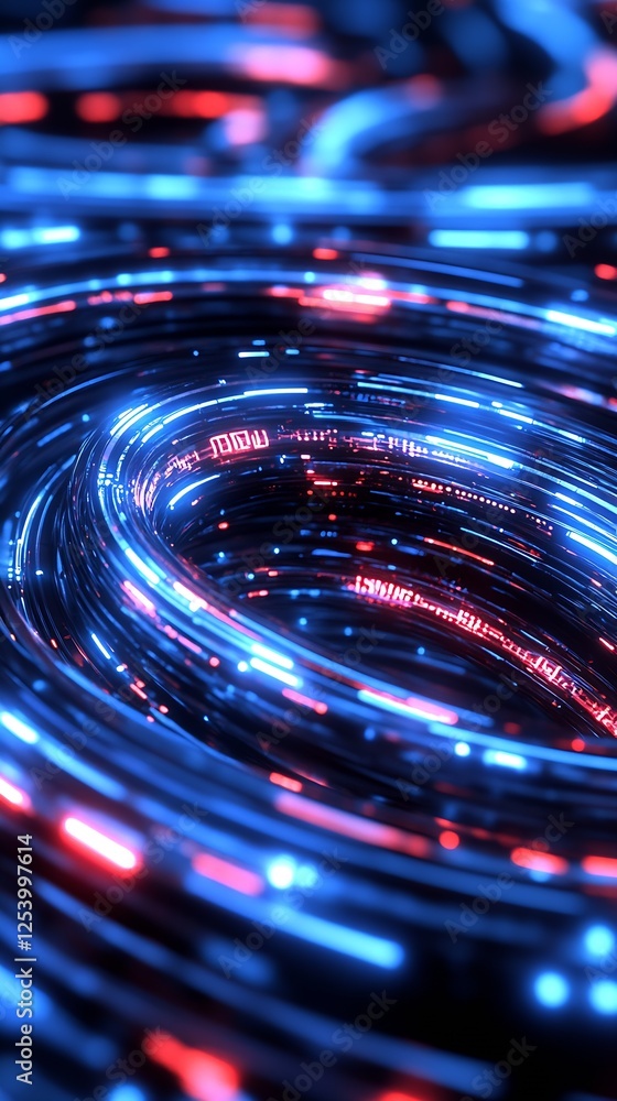 Poster vibrant abstract illustration of swirling blue and red lights creating a captivating digital effect 