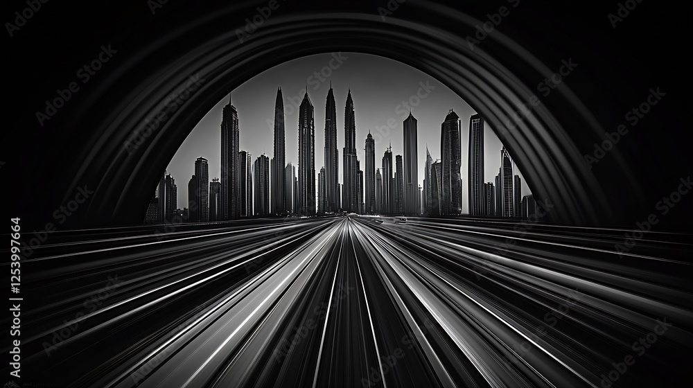 Aufkleber dynamic black and white illustration of a futuristic skyline with motion blur : generative ai