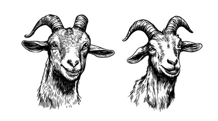 goat head vector portraits in realistic black and white engraving style, farm animal illustrations