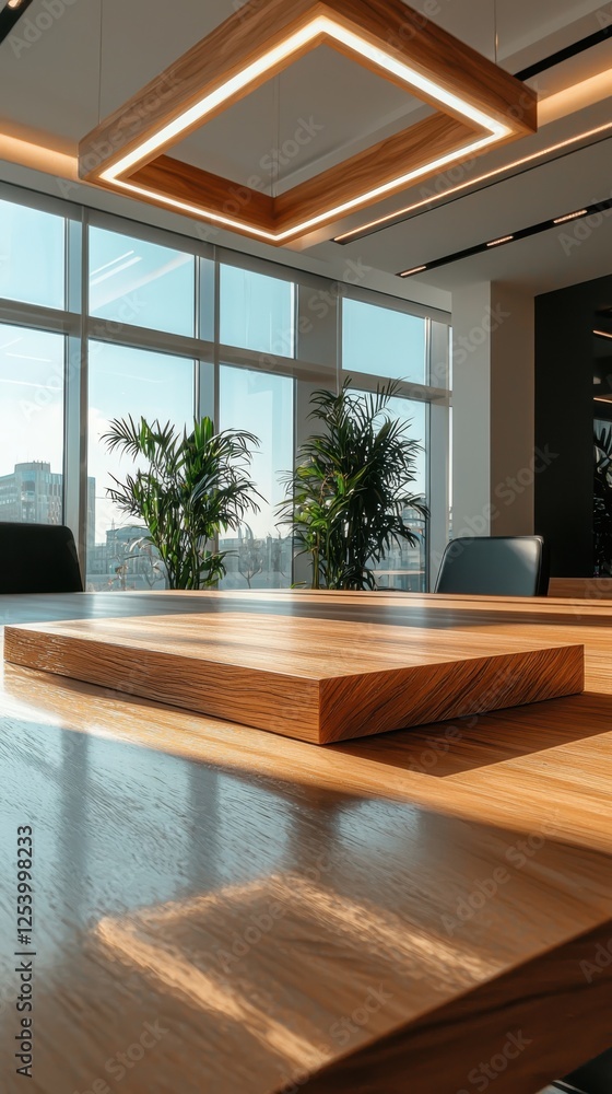 Poster custom message items displayed on a sleek conference table in a modern office environment with natur