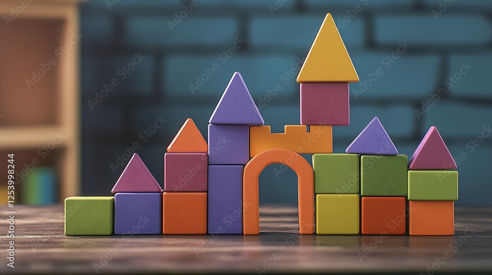 Poster Colorful wooden blocks arranged artistically to form a castle structure with pointed towers for children : Generative AI