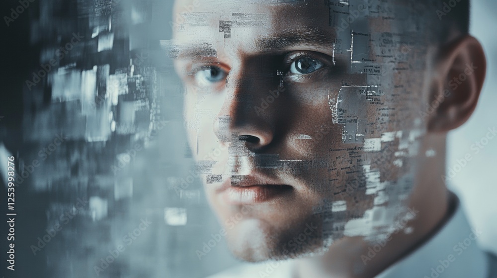 Poster abstract portrait of a man dissolving into digital fragments