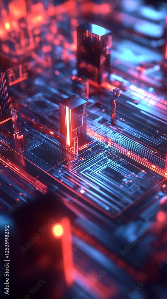 Fototapete futuristic circuit board with glowing neon lights and 3d structures : generative ai
