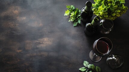 Rustic wine and olive setup on a dark textured surface