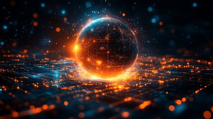 Obraz premium A modernized digital sphere emitting futuristic light trails forming a global technology map