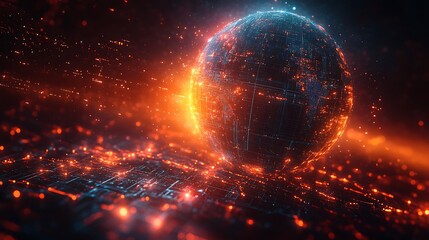 A modernized digital sphere emitting futuristic light trails forming a global technology map