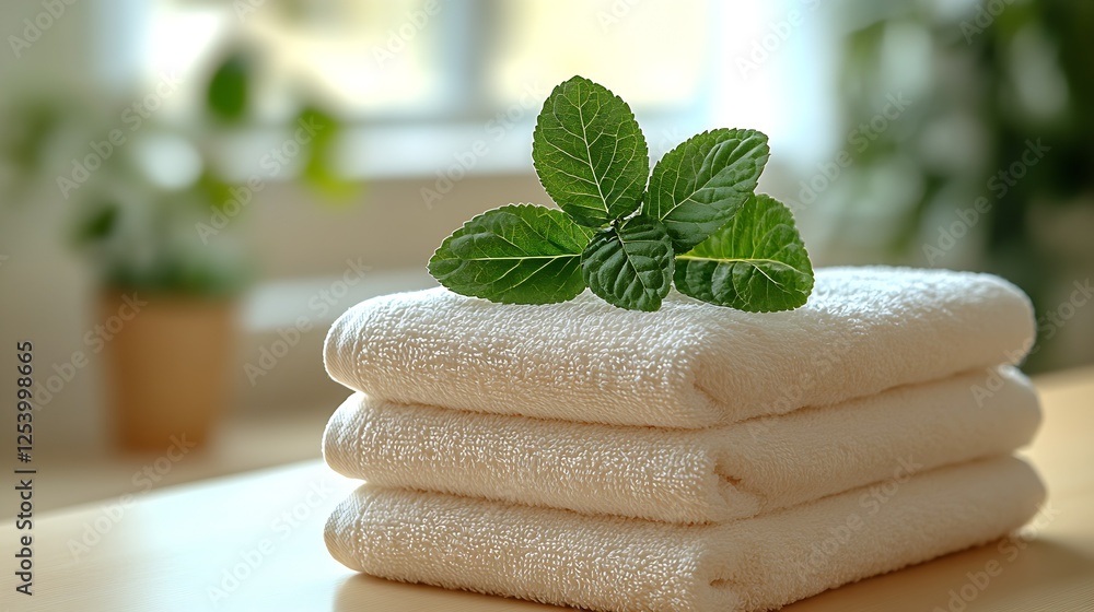 Poster freshly folded towels stacked neatly with green mint leaves on top for a relaxing spa experience : g