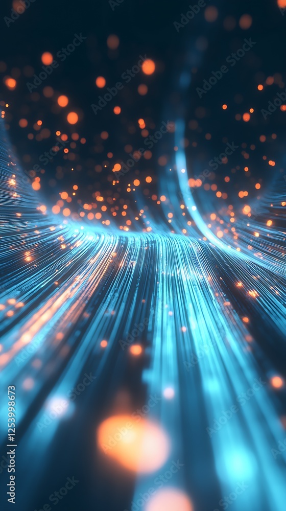 Leinwandbilder Abstract image of glowing lines and particles creating a vibrant digital landscape in blue and orange tones : Generative AI