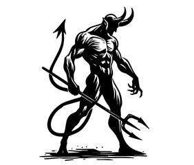 black and white vector of muscular horned devil with tail and trident, strong pose illustration