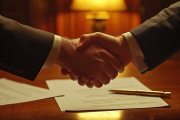 Signing business agreement office desk professional interaction warm lighting close-up partnership development