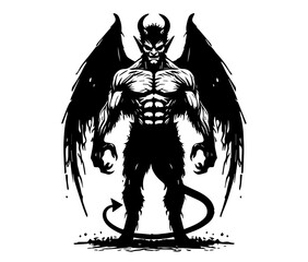 detailed vector of horned demon with wings and tail in powerful stance, black and white
