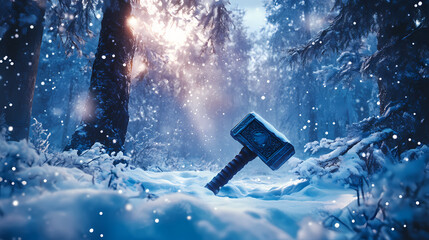 Mystical winter forest with an ancient enchanted hammer half-buried in the snow, emitting a magical aura. Snowbound Legends. Illustration