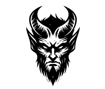 symmetrical black and white vector of horned devil face with fierce expression
