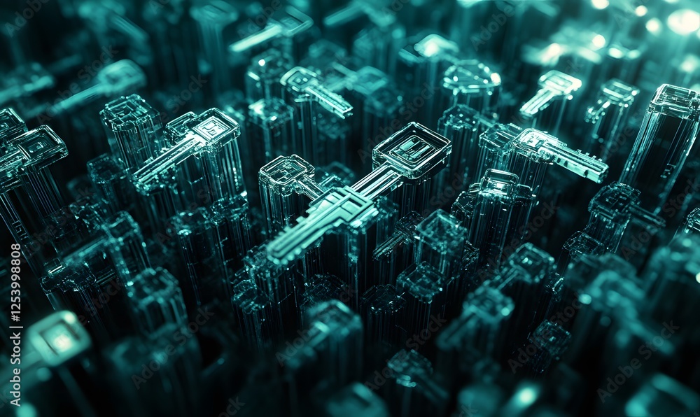 Poster a multitude of crystalline keys standing upright in a grid pattern with a teal hue