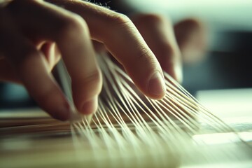 Close-up of hands gracefully plucking guitar strings, conveying a sense of musical creativity and intimate focus on the art of sound.