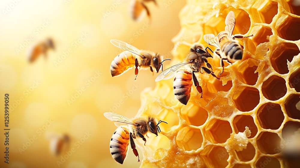 Poster close-up of honey bees pollinating and extracting nectar from honeycomb in a beehive : generative ai