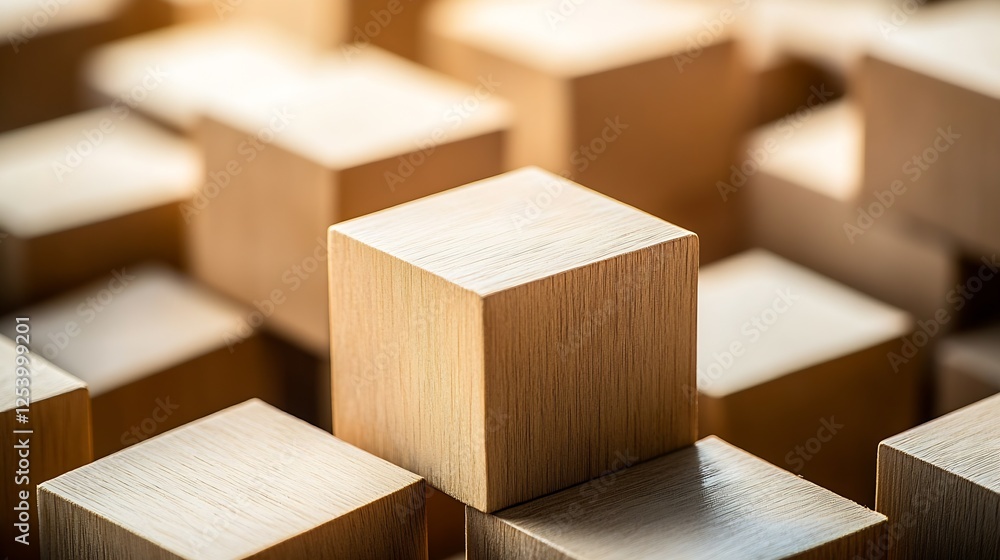 Poster Wooden Building Blocks Stacked Together with Light Reflections Creating Depth : Generative AI