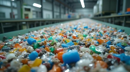 Obraz premium Colorful plastic pieces on a conveyor belt in a factory, suggesting recycling or material processing for reuse
