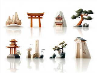 Icônes de torii et bonzaï japonais en 3D sur fond blanc