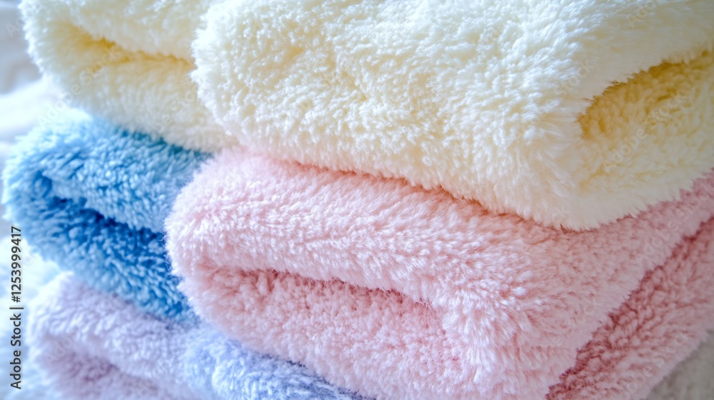 Poster collection of soft and fluffy towels in pastel shades neatly stacked showcasing home decor essential