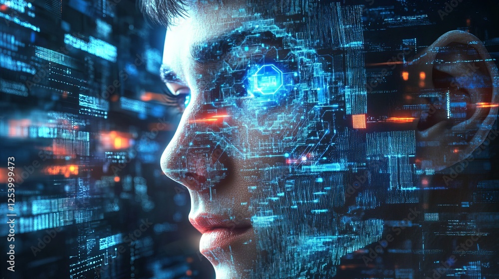 Poster digital human face futuristic technology abstract network data processing artificial intelligence sy