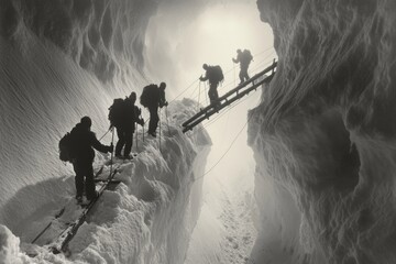 Mountaineers navigate a perilous crevasse using ladders while traversing a glacier on a cloudy day