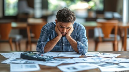 Stressed man reviewing finances at home office