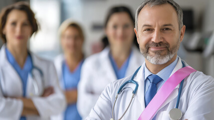 Medical professionals at fundraiser for breast cancer awareness, showcasing teamwork and compassion