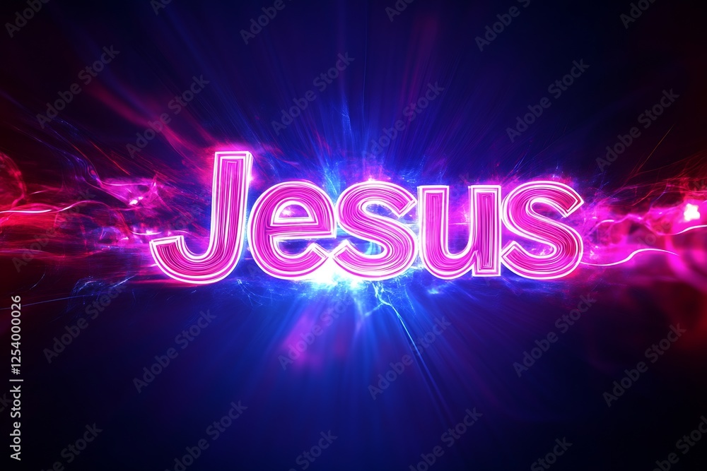 Poster vibrant digital artwork featuring the word jesus glowing in a colorful light burst background : gene