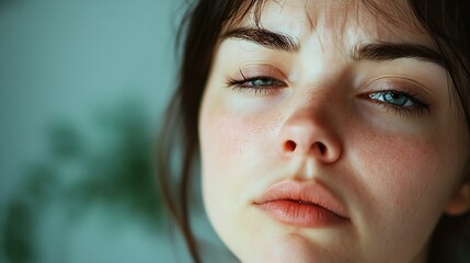 Fototapeta premium Close Up of a Young Woman with Emotionally Charged Expression and Beautiful Blue Eyes : Generative AI