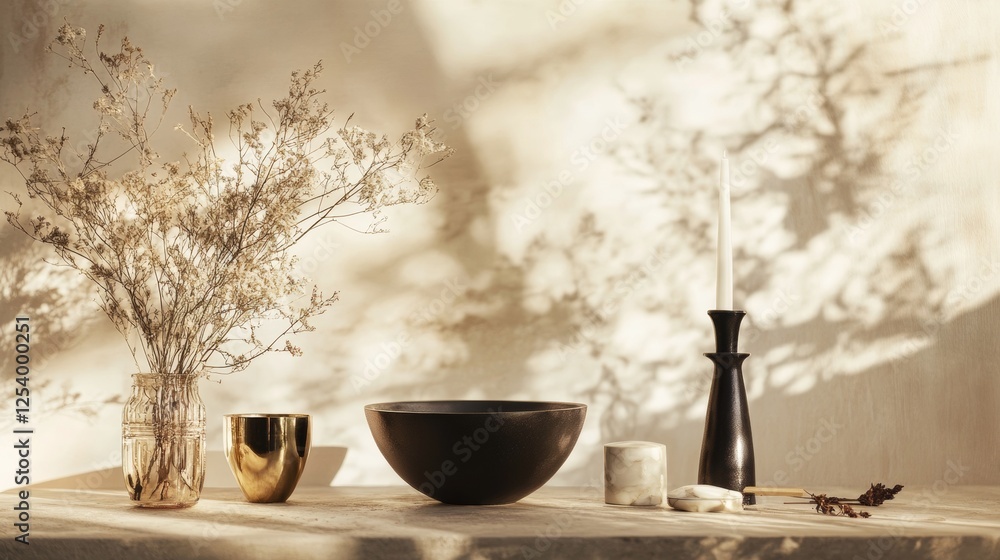 Poster minimalist table setting with vases and a serene shadow play
