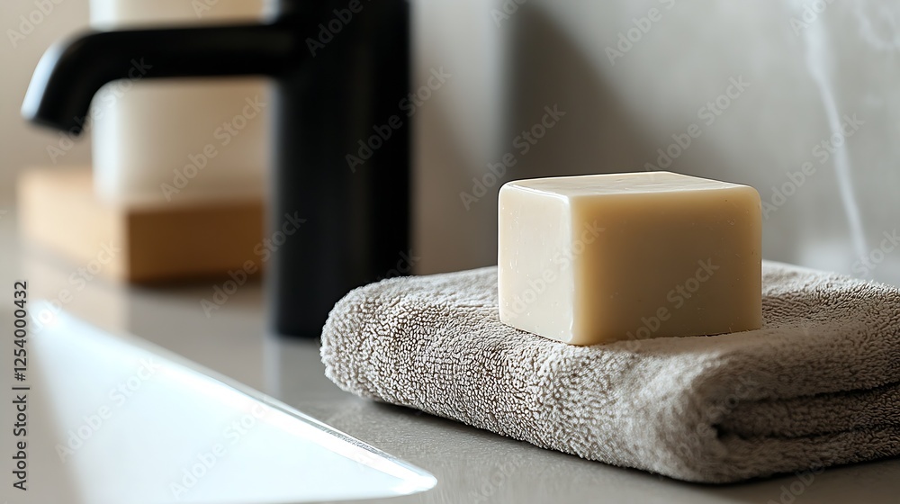 Poster minimalist natural soap resting on a soft towel beside a modern bathroom faucet : generative ai