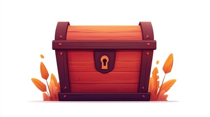 A colorful, cartoon-style wooden treasure chest with a lock, surrounded by stylized plants, evoking adventure and mystery.