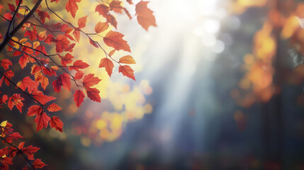 Breathtaking autumn landscape with vibrant red leaves and soft sunlight filtering through trees, creating serene atmosphere